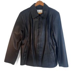 Worthington Black Leather Jacket Full Zip Classic Neutral Bikercore Size Large